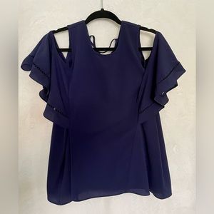 Navy Open Shoulder Flutter Sleeve Blouse